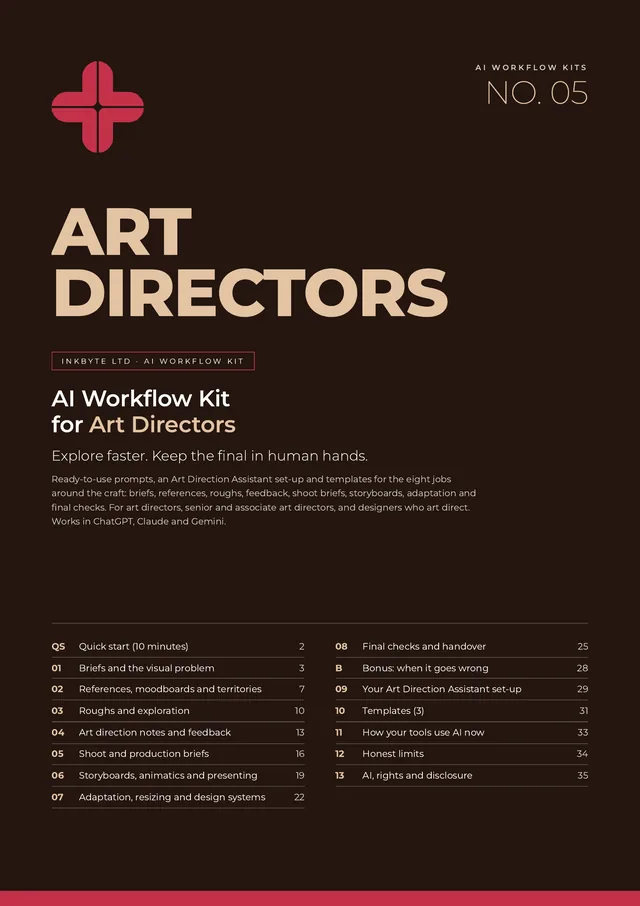 Cover of the AI Workflow Kit for Art Directors, with the InkByte red cross logo and the list of sections.