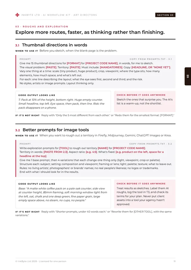 Inside page from the roughs and exploration section showing prompt cards for thumbnail directions and better prompts for image tools.