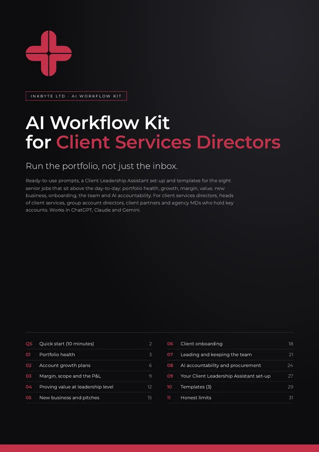 Cover of the AI Workflow Kit for Client Services Directors, with the InkByte red cross logo and the list of sections.