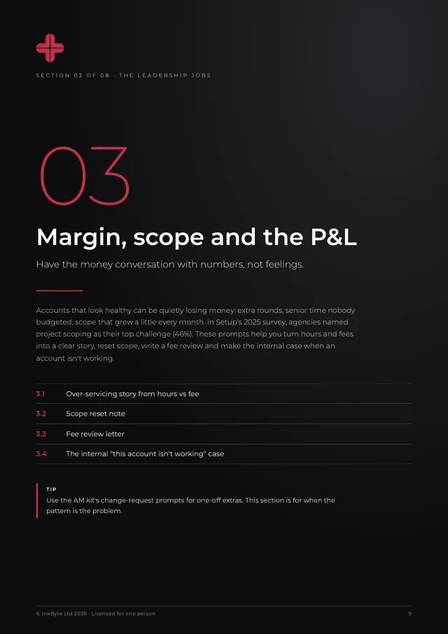 Inside page from the margin, scope and P&L section showing prompt cards for the over-servicing story and a scope reset note.