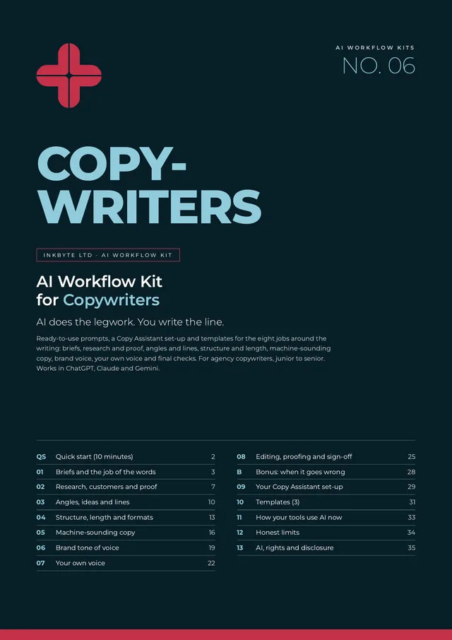 Cover of the AI Workflow Kit for Copywriters, with the InkByte red cross logo and the list of sections.