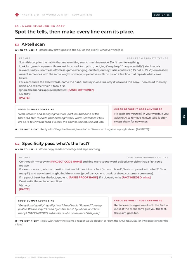 Inside page from the machine-sounding copy section showing prompt cards for an AI-tell scan and forcing the facts.