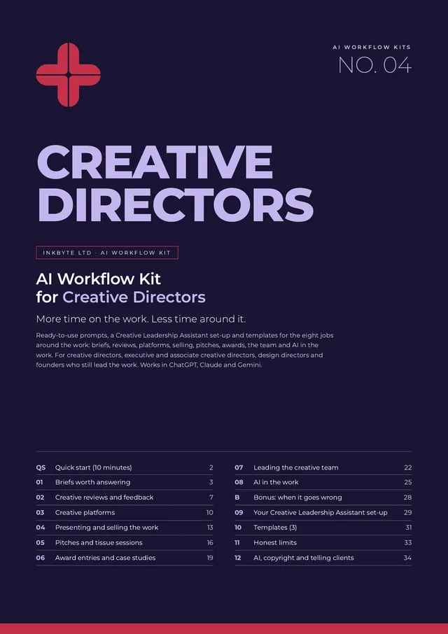 Cover of the AI Workflow Kit for Creative Directors, with the InkByte red cross logo and the list of sections.