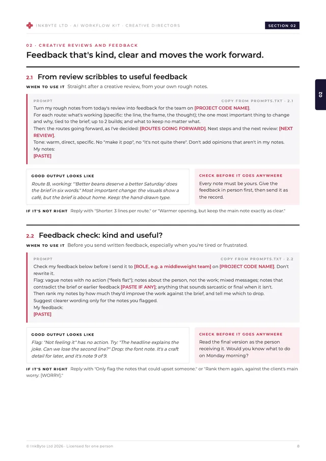 Inside page from the creative reviews and feedback section showing prompt cards with placeholders, example output and a check box.