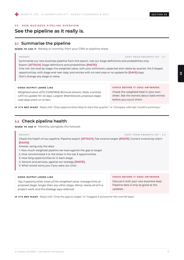 Inside page from the new business pipeline overview section showing prompt cards.