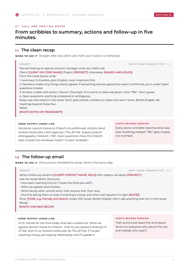 Inside page from the call and meeting notes section showing two prompt cards with placeholders, example output and a check-before-sending box.