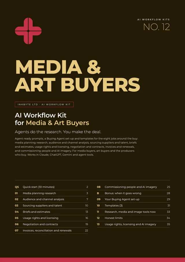 Cover of the AI Workflow Kit for Media & Art Buyers, with the InkByte red cross logo and the list of sections.