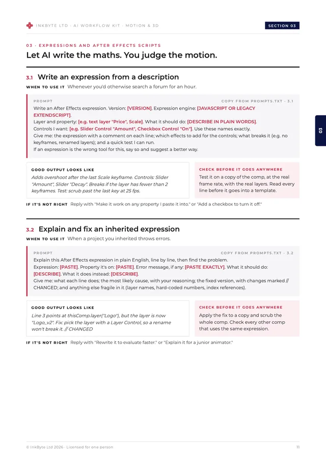 Inside page from the expressions and After Effects scripts section showing prompt cards.