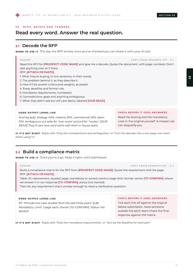 Inside page from the RFPs, briefs and tenders section showing prompt cards for decoding an RFP and a compliance matrix.