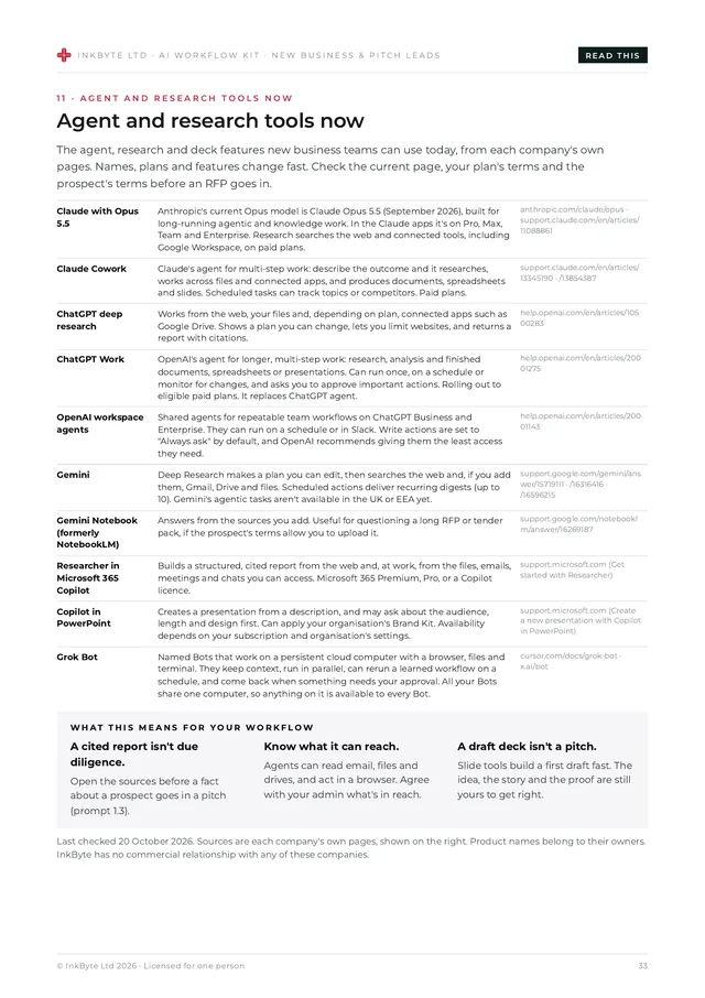 Page summarising agent, deep research and scheduled-task features in current AI tools, with a source for each.