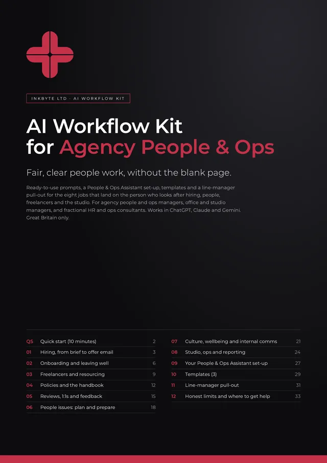 Cover of the AI Workflow Kit for Agency People & Ops, with the InkByte red cross logo and the list of sections.