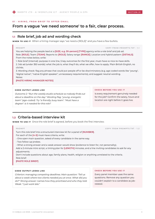 Inside page from the hiring section showing prompt cards for a role brief and job ad, and a structured interview kit.