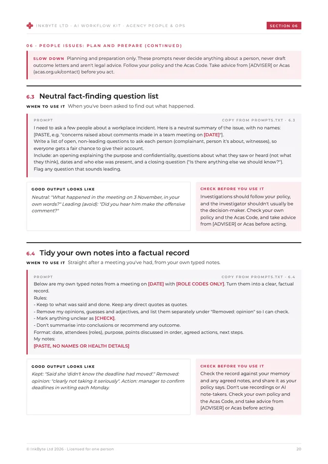 Inside page from the people issues section with a slow-down banner and prompts for neutral fact-finding questions and factual notes.