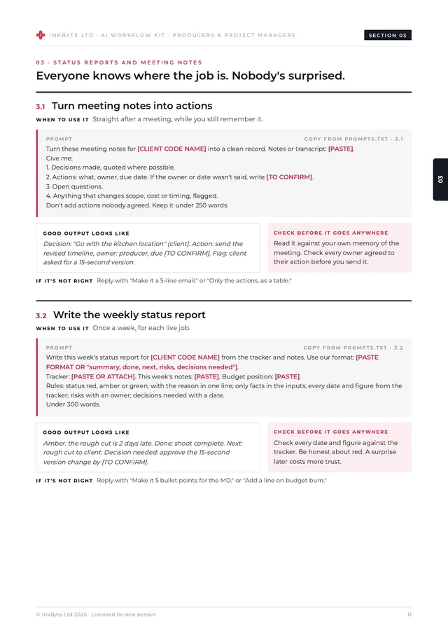 Inside page from the status reports and meeting notes section showing prompt cards.
