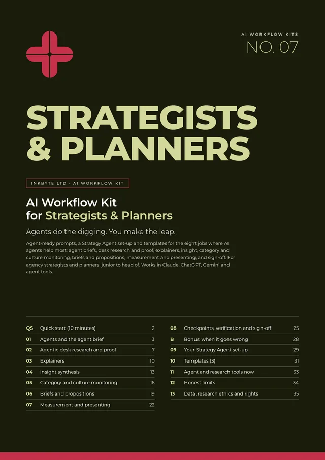 Cover of the AI Workflow Kit for Strategists & Planners, with the InkByte red cross logo and the list of sections.